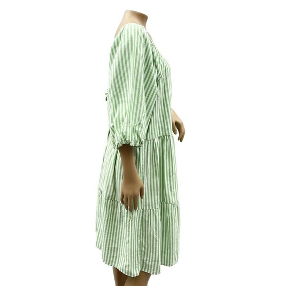 Beachlunchlounge Women Back Bow Babydoll Dress Balloon‎ Sleeve Striped Green L - Picture 9 of 15
